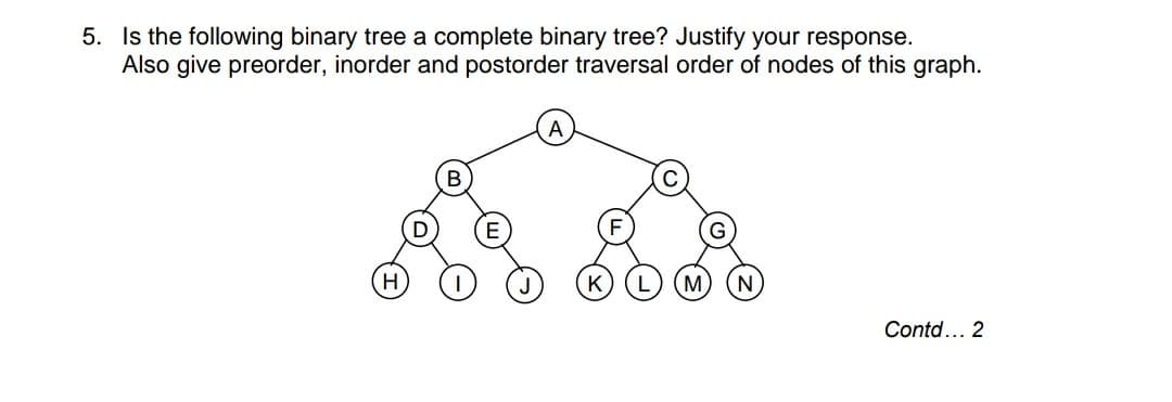 5. Is the following binary tree a complete binary tree? Justify your response.
Also give preorder, inorder and postorder traversal order of nodes of this graph.
B
H
K
Contd... 2
