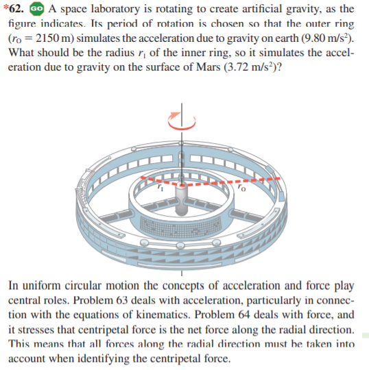 *62. GO A space laboratory is rotating to create artificial gravity, as the
figure indicates. Its period of rotation is chosen so that the outer ring
(ro = 2150 m) simulates the acceleration due to gravity on earth (9.80 m/s²).
What should be the radius r, of the inner ring, so it simulates the accel-
eration due to gravity on the surface of Mars (3.72 m/s²)?
In uniform circular motion the concepts of acceleration and force play
central roles. Problem 63 deals with acceleration, particularly in connec-
tion with the equations of kinematics. Problem 64 deals with force, and
it stresses that centripetal force is the net force along the radial direction.
This means that all forces along the radial direction must be taken into
account when identifying the centripetal force.
