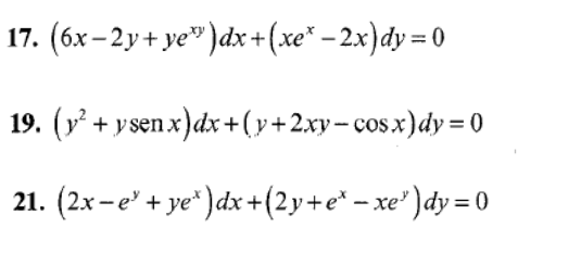 17. (бх - 2у + ye")dx + (хе" - 2x)dy 3D0
19. (у? + ysenx)dx +(у+2хy- сos x)dy 3D 0
21. (2x-e' + ye* )dx +(2y+e* - xe' )dy = 0
