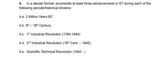 4. In a tabular format, enumerate at least three advancements in ST during each of the
following periods/historical timeline:
4.a. 2 Million Years BC
4.b. 9 - 18 Century
4.c. 1" Industrial Revolution (1760-1840)
4.d. 2nd Industrial Revolution (19h Cent. – 1945)
4.e. Scientific-Technical Revolution (1945 - )
