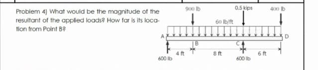 900 lb
0.5 kips
400 lb
Problem 4) What would be the magnitude of the
resultant of the applied loads? How far is its loca-
60 Ib/ft
tion from Point B?
D
4 ft
600 lb
6 ft
8ft
600 lb
