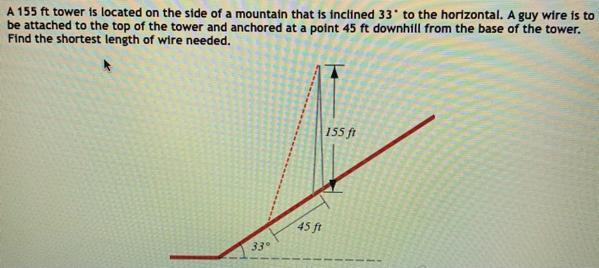 A 155 ft tower is located on the side of a mountain that is inclined 33 to the horizontal. A guy wire is to
be attached to the top of the tower and anchored at a point 45 ft downhill from the base of the tower.
Find the shortest length of wire needed.
155 ft
45 ft
33°
