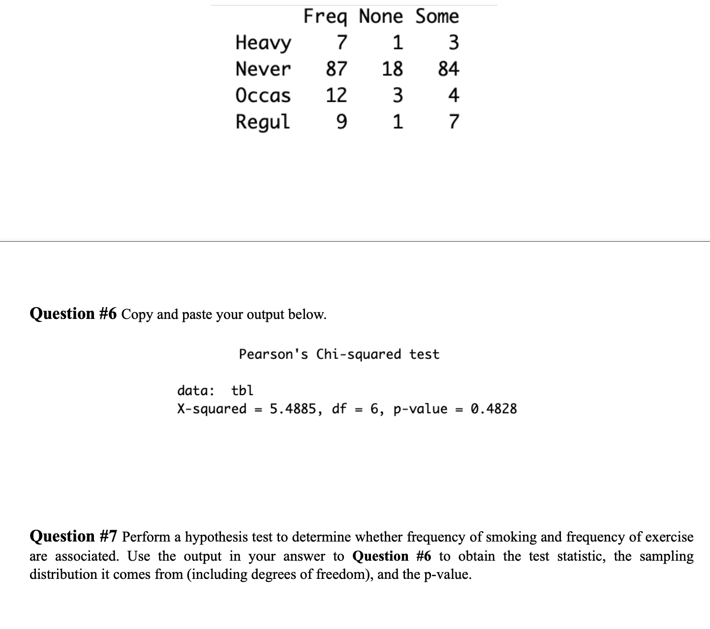 Frea None Some
71 3
84
Occas 12 34
Regul91 7
Heavy
Never 8718
Question #6 Copy and paste your output below.
Pearson's Chi-squared test
data tbl
x-squared 5.4885, df-6, p-value -0.4828
Question #7 Perform a hypothesis test to determine whether frequency of smoking and frequency of exercise
are associated. Use the output in your answer to Question #6 to obtain the test statistic, the sampling
distribution it comes from (including degrees of freedom), and the p-value.
