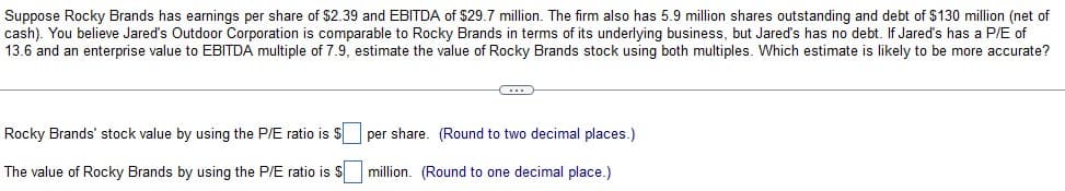 Suppose Rocky Brands has earnings per share of $2.39 and EBITDA of $29.7 million. The firm also has 5.9 million shares outstanding and debt of $130 million (net of
cash). You believe Jared's Outdoor Corporation is comparable to Rocky Brands in terms of its underlying business, but Jared's has no debt. If Jared's has a P/E of
13.6 and an enterprise value to EBITDA multiple of 7.9, estimate the value of Rocky Brands stock using both multiples. Which estimate is likely to be more accurate?
Rocky Brands' stock value by using the P/E ratio is $
The value of Rocky Brands by using the P/E ratio is $
per share. (Round to two decimal places.)
million. (Round to one decimal place.)