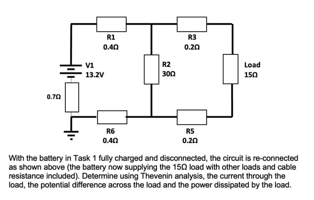 R1
R3
0.40
0.20
V1
13.2V
R2
Load
300
150
0.70
R6
R5
0.40
0.20
With the battery in Task 1 fully charged and disconnected, the circuit is re-connected
as shown above (the battery now supplying the 150 load with other loads and cable
resistance included). Determine using Thevenin analysis, the current through the
load, the potential difference across the load and the power dissipated by the load.
