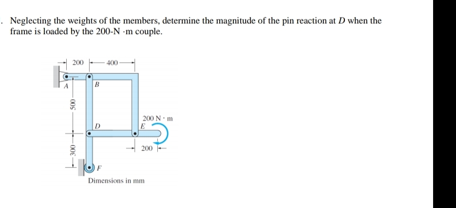 . Neglecting the weights of the members, determine the magnitude of the pin reaction at D when the
frame is loaded by the 200-N •m couple.
200
400
B
D
200 N· m
E
200 -
Dimensions in mm
000
00-
