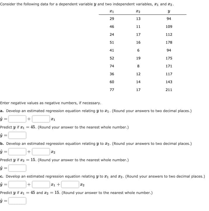 Consider the following data for a dependent variable y and two independent variables, x1 and 2.
29
13
94
46
11
109
24
17
112
51
16
178
41
94
52
19
175
74
8.
171
36
12
117
60
14
143
77
17
211
Enter negative values as negative numbers, if necessary.
a. Develop an estimated regression equation relating y to #1. (Round your answers to two decimal places.)
+
Predict y if æ1 = 45. (Round your answer to the nearest whole number.)
%3D
ŷ =
b. Develop an estimated regression equation relating y to #2. (Round your answers to two decimal places.)
Predict y if æ2 = 15. (Round your answer to the nearest whole number.)
c. Develop an estimated regression equation relating y to #1 and 12. (Round your answers to two decimal places.)
T1 +
Predict y if 21
45 and 22
15. (Round your answer to the nearest whole number.)
%3D
6.
