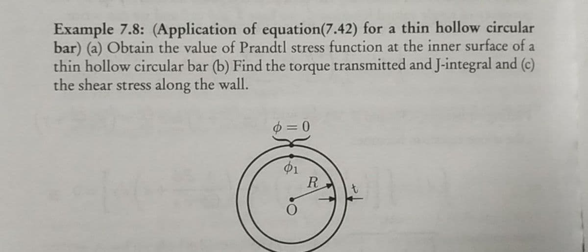 Example 7.8: (Application of equation(7.42) for a thin hollow circular
bar) (a) Obtain the value of Prandtl stress function at the inner surface of a
thin hollow circular bar (b) Find the torque transmitted and J-integral and (c)
the shear stress along the wall.
R
