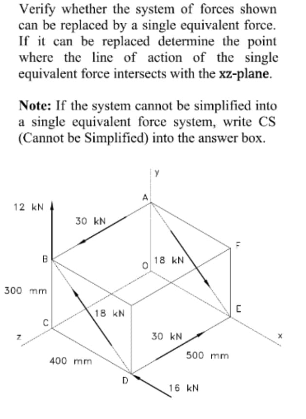 Verify whether the system of forces shown
can be replaced by a single equivalent force.
If it can be replaced determine the point
where the line of action of the single
equivalent force intersects with the xz-plane.
Note: If the system cannot be simplified into
a single equivalent force system, write CS
(Cannot be Simplified) into the answer box.
y
A
12 kN
30 kN
B
18 kN
300 mm
18 kN
30 kN
500 mm
400 mm
D
16 kN
