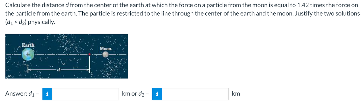 Calculate the distance d from the center of the earth at which the force on a particle from the moon is equal to 1.42 times the force on
the particle from the earth. The particle is restricted to the line through the center of the earth and the moon. Justify the two solutions
(d₁ <d₂) physically.
Earth
Answer: d₁
i
Moon.
km or d₂=
i
km