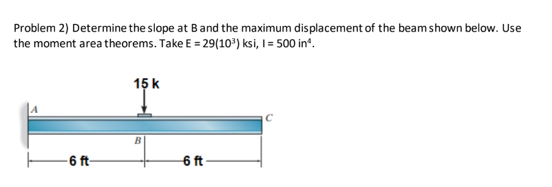 Problem 2) Determine the slope at B and the maximum displacement of the beam shown below. Use
the moment area theorems. Take E = 29(10³) ksi, 1 = 500 in4.
-6 ft-
15 k
6 ft
C