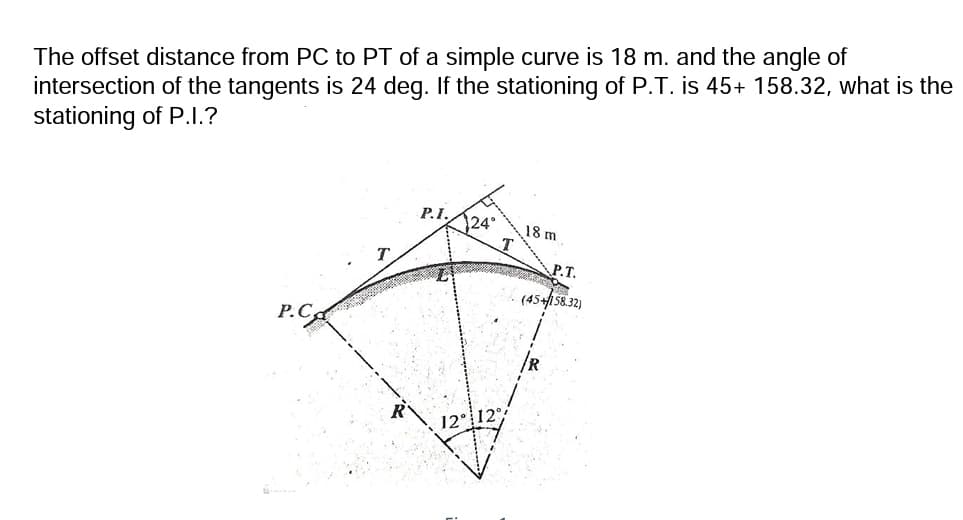 The offset distance from PC to PT of a simple curve is 18 m. and the angle of
intersection of the tangents is 24 deg. If the stationing of P.T. is 45+ 158.32, what is the
stationing of P.I.?
Р.1.
24
18 m
Р.Т.
(45+1 58.32)
Р.С.
12°
