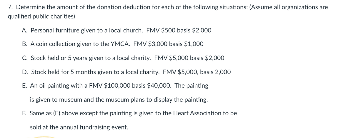 7. Determine the amount of the donation deduction for each of the following situations: (Assume all organizations are
qualified public charities)
A. Personal furniture given to a local church. FMV $500 basis $2,000
B. A coin collection given to the YMCA. FMV $3,000 basis $1,000
C. Stock held or 5 years given to a local charity. FMV $5,000 basis $2,000
D. Stock held for 5 months given to a local charity. FMV $5,000, basis 2,000
E. An oil painting with a FMV $100,000 basis $40,000. The painting
is given to museum and the museum plans to display the painting.
F. Same as (E) above except the painting is given to the Heart Association to be
sold at the annual fundraising event.
