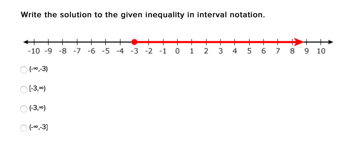Write the solution to the given inequality in interval notation.
+
+
+
-10 -9 -8 -7 -6
-5 -4 -3 -2
-1
2
4
8
9 10
(-00,-3)
[-3,0)
O (-3, 00)
O (-00,-3]
6.
