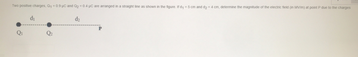 Two positive charges, Q1 = 0.9 µC and Q2 = 0.4 µC are arranged in a straight line as shown in the figure. If d1 = 5 cm and d2 = 4 cm, determine the magnitude of the electric field (in MV/m) at point P due to the charges
di
d2
Q1
