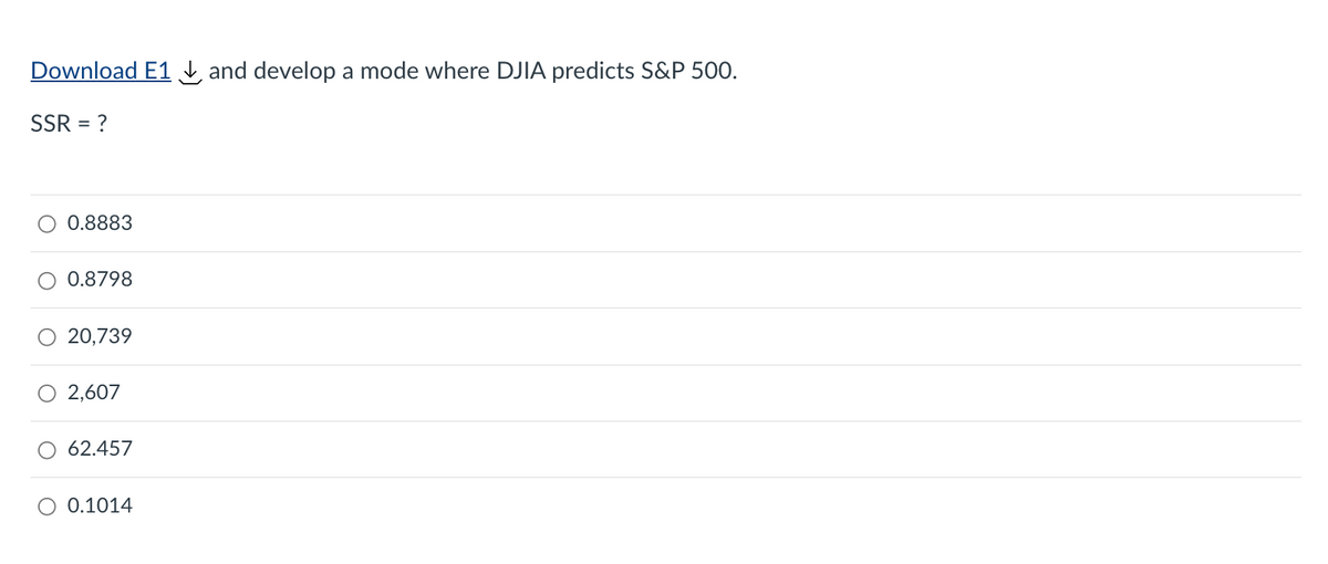 Download E1 and develop a mode where DJIA predicts S&P 500.
SSR = ?
0.8883
0.8798
20,739
2,607
62.457
0.1014
