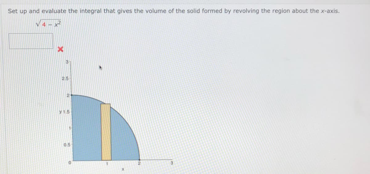 Set up and evaluate the integral that gives the volume of the solid formed by revolving the region about the x-axis.
V4 - x²
3
2.5
y 1.5
0.5
