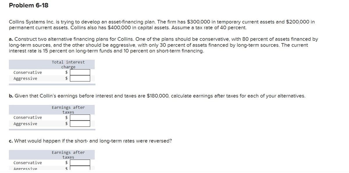 Problem 6-18
Collins Systems Inc. is trying to develop an asset-financing plan. The firm has $300,000 in temporary current assets and $200,000 in
permanent current assets. Collins also has $400,000 in capital assets. Assume a tax rate of 40 percent.
a. Construct two alternative financing plans for Collins. One of the plans should be conservative, with 80 percent of assets financed by
long-term sources, and the other should be aggressive, with only 30 percent of assets financed by long-term sources. The current
interest rate is 15 percent on long-term funds and 10 percent on short-term financing.
Conservative
Aggressive
b. Given that Collin's earnings before interest and taxes are $180,000, calculate earnings after taxes for each of your alternatives.
Conservative
Aggressive
Total interest
charge
$
$
Conservative
Aggressive
Earnings after
taxes
$
$
c. What would happen if the short- and long-term rates were reversed?
Earnings after
taxes
$
$