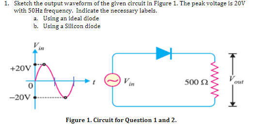 1. Sketch the output waveform of the given circuit in Figure 1. The peak voltage is 20v
with 50HZ frequency. Indicate the necessary labels.
a. Using an ideal diode
b. Using a Silicon diode
+20V
V in
500 2
out
-20V
Figure 1. Circuit for Question 1 and 2.
