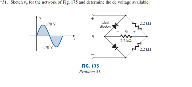 *31. Sketch v, for the network of Fig. 175 and determine the de voltage available.
170 V
Ideal
2.2 kQ
diodes
Vo
2.2 k2
-170 V
2.2 k2
FIG. 175
Problem 31.
