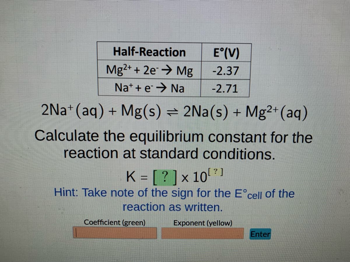 Half-Reaction
Mg2+ + 2e → Mg
Nat+e → Na
2Na+ (aq) + Mg(s) = 2Na(s) + Mg²+ (aq)
Calculate the equilibrium constant for the
reaction at standard conditions.
E°(V)
-2.37
-2.71
[?]
K = [?] x 10¹²]
Hint: Take note of the sign for the Eºcell of the
reaction as written.
Coefficient (green)
Exponent (yellow)
Enter