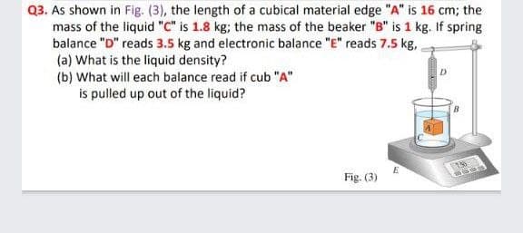 Q3. As shown in Fig. (3), the length of a cubical material edge "A" is 16 cm; the
mass of the liquid "C" is 1.8 kg; the mass of the beaker "B" is 1 kg. If spring
balance "D" reads 3.5 kg and electronic balance "E" reads 7.5 kg,
(a) What is the liquid density?
(b) What will each balance read if cub "A"
is pulled up out of the liquid?
Fig. (3)
