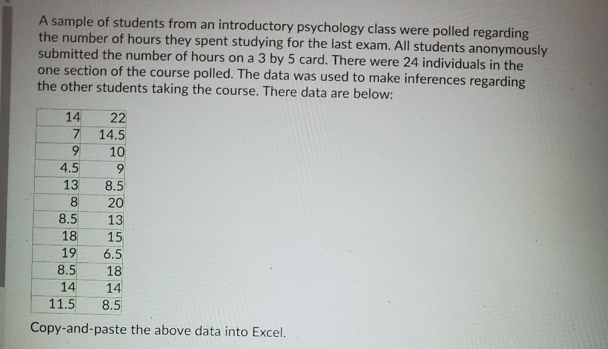 A sample of students from an introductory psychology class were polled regarding
the number of hours they spent studying for the last exam. All students anonymously
submitted the number of hours on a 3 by 5 card. There were 24 individuals in the
one section of the course polled. The data was used to make inferences regarding
the other students taking the course. There data are below:
14
22
7
14.5
10
4.5
9.
13
8.5
8
20
8.5
18
19
8.5
14
11.5
13
15
6.5
18
14
8.5
Copy-and-paste the above data into Excel.
