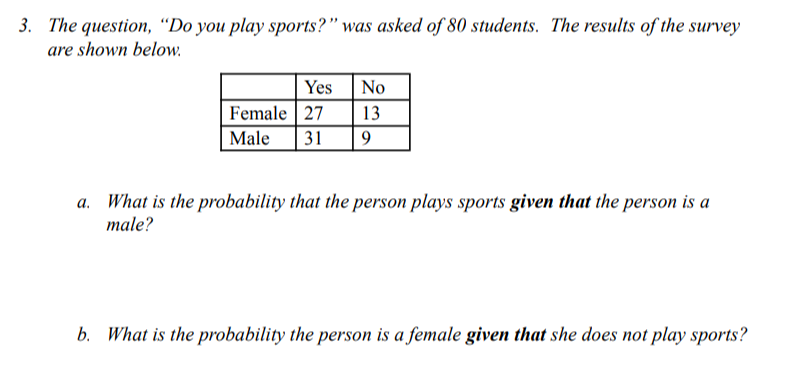 3. The question, “Do you play sports?" was asked of 80 students. The results of the survey
are shown below.
Yes
No
Female 27
13
Male
31 9
a. What is the probability that the person plays sports given that the person is a
male?
b. What is the probability the person is a female given that she does not play sports?
