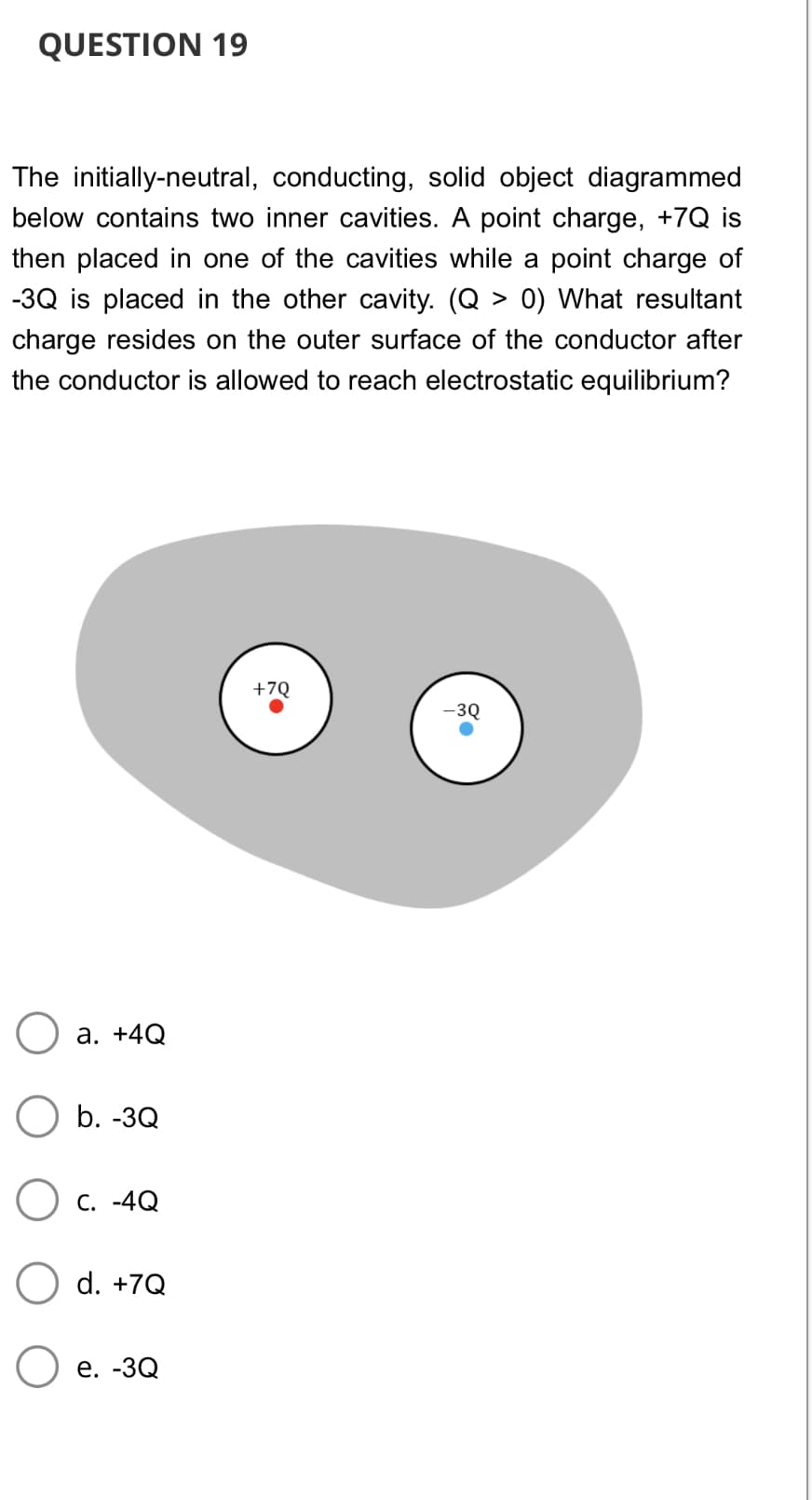 QUESTION 19
The initially-neutral, conducting, solid object diagrammed
below contains two inner cavities. A point charge, +7Q is
then placed in one of the cavities while a point charge of
-3Q is placed in the other cavity. (Q > 0) What resultant
charge resides on the outer surface of the conductor after
the conductor is allowed to reach electrostatic equilibrium?
+7Q
-3Q
а. +4Q
b. -3Q
Ос. -4
d. +7Q
е. -3Q
