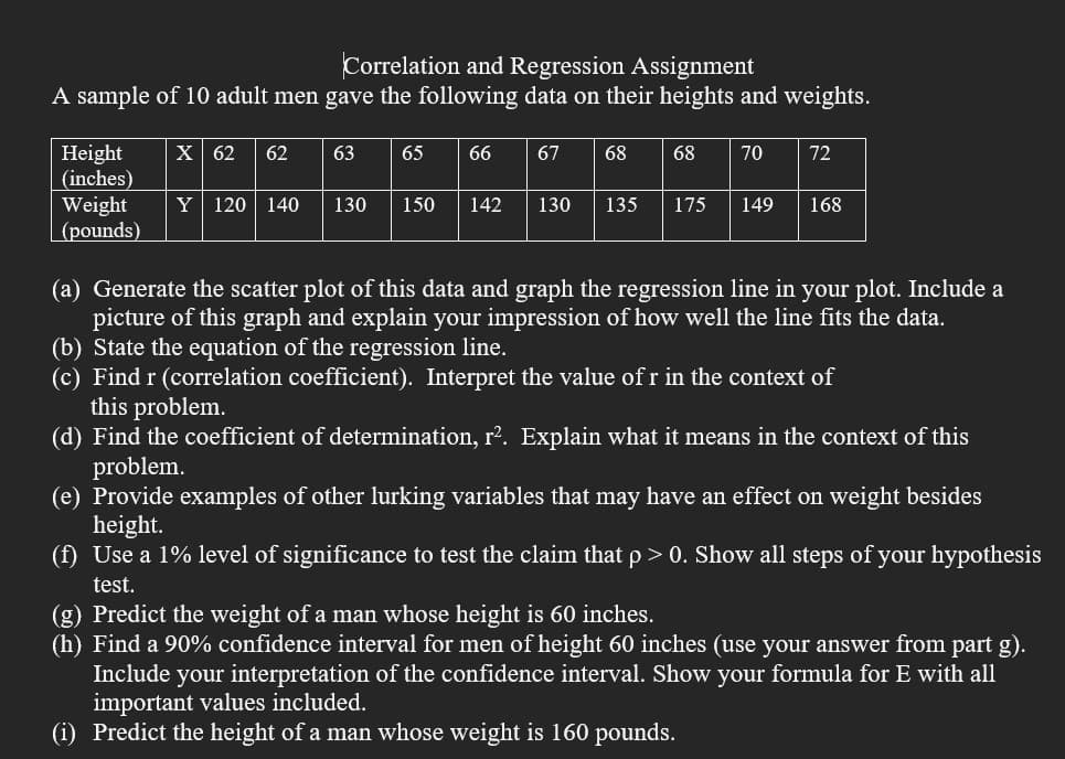 Correlation and Regression Assignment
A sample of 10 adult men gave the following data on their heights and weights.
Height X 62 62
63
65
66
67 68
68
70
72
(inches)
Y 120 140 30 150 142 130 135 175
149 168
Weight
(pounds)
(a) Generate the scatter plot of this data and graph the regression line in your plot. Include a
picture of this graph and explain your impression of how well the line fits the data.
(b) State the equation of the regression line.
(c) Find r (correlation coefficient). Interpret the value of r in the context of
this problem.
(d) Find the coefficient of determination, r². Explain what it means in the context of this
problem.
(e) Provide examples of other lurking variables that may have an effect on weight besides
height.
(f) Use a 1% level of significance to test the claim that p > 0. Show all steps of your hypothesis
test.
(g) Predict the weight of a man whose height is 60 inches.
(h) Find a 90% confidence interval for men of height 60 inches (use your answer from part g).
Include your interpretation of the confidence interval. Show your formula for E with all
important values included.
(i) Predict the height of a man whose weight is 160 pounds.