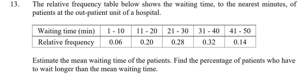 The relative frequency table below shows the waiting time, to the nearest minutes, of
patients at the out-patient unit of a hospital.
13.
Waiting time (min)
1 - 10
11 - 20
21 - 30
31 - 40 41 - 50
Relative frequency
0.06
0.20
0.28
0.32
0.14
Estimate the mean waiting time of the patients. Find the percentage of patients who have
to wait longer than the mean waiting time.
