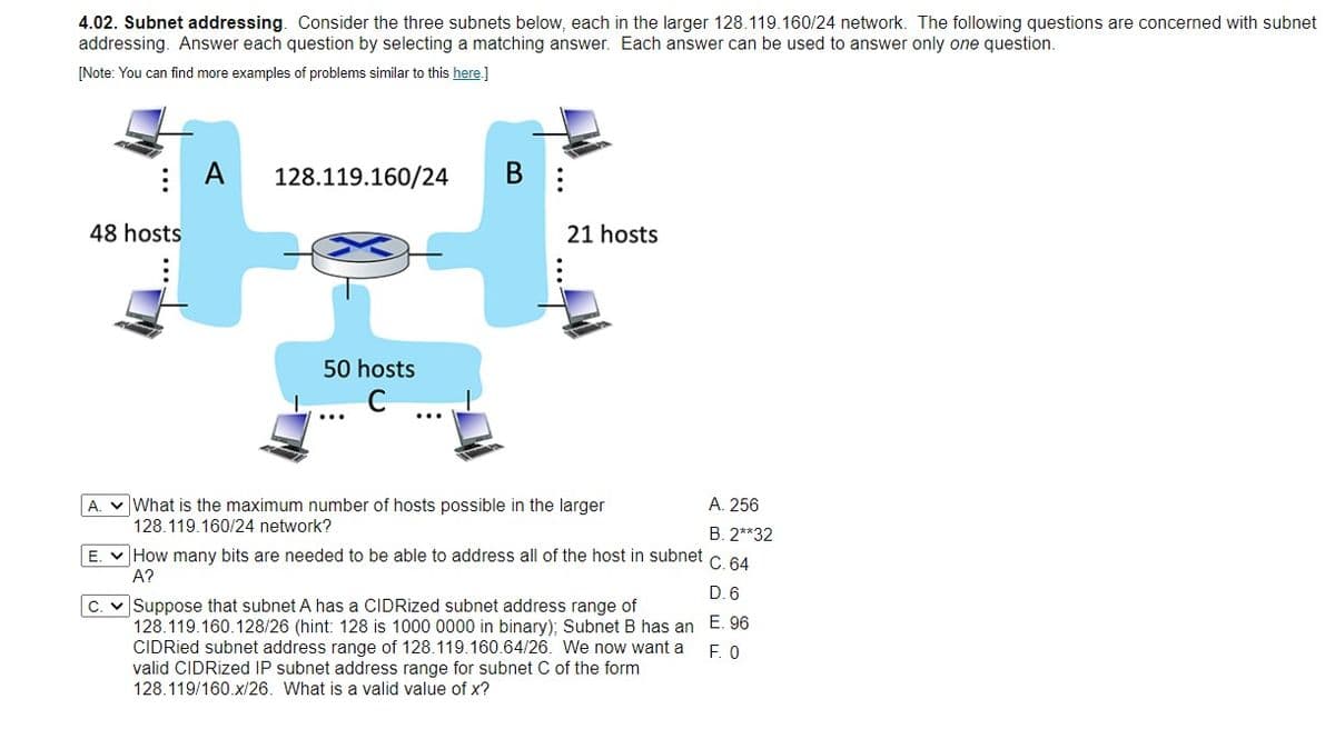 4.02. Subnet addressing. Consider the three subnets below, each in the larger 128.119.160/24 network. The following questions are concerned with subnet
addressing. Answer each question by selecting a matching answer. Each answer can be used to answer only one question.
[Note: You can find more examples of problems similar to this here.]
A
128.119.160/24
В
48 hosts
21 hosts
50 hosts
A. V What is the
aximum number of hosts possible
the larger
A. 256
128.119.160/24 network?
B. 2**32
E. V How many bits are needed to be able to address all of the host in subnet C 64
А?
D. 6
C. v Suppose that subnet A has a CIDRized subnet address range of
128.119.160.128/26 (hint: 128 is 1000 0000 in binary); Subnet B has an
CIDRied subnet address range of 128.119.160.64/26. We now want a
valid CIDRized IP subnet address range for subnet C of the form
128.119/160.x/26. What is a valid value of x?
E. 96
F. O
