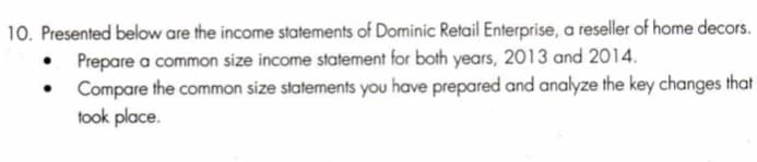 10. Presented below are the income statements of Dominic Retail Enterprise, a reseller of home decors.
• Prepare a common size income statement for both years, 2013 and 2014.
Compare the common size statements you have prepared and analyze the key changes that
took place.
