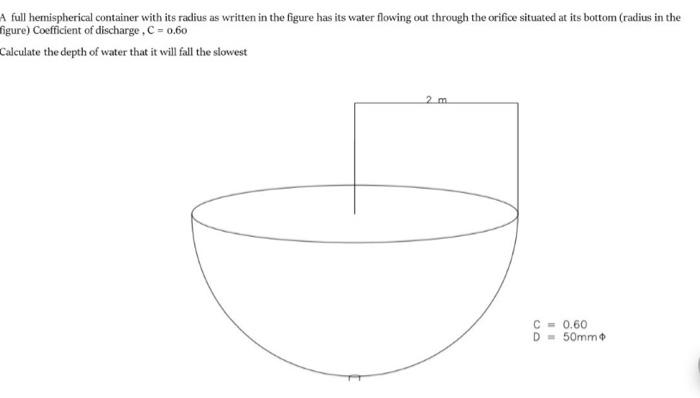A full hemispherical container with its radius as written in the figure has its water flowing out through the orifice situated at its bottom (radius in the
figure) Coefficient of discharge, C = 0.60
Calculate the depth of water that it will fall the slowest
2 m
C=0.60
D 50mm