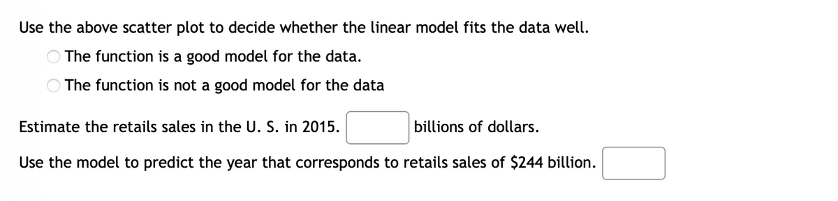 Use the above scatter plot to decide whether the linear model fits the data well.
The function is a good model for the data.
The function is not a good model for the data
Estimate the retails sales in the U. S. in 2015.
billions of dollars.
Use the model to predict the year that corresponds to retails sales of $244 billion.