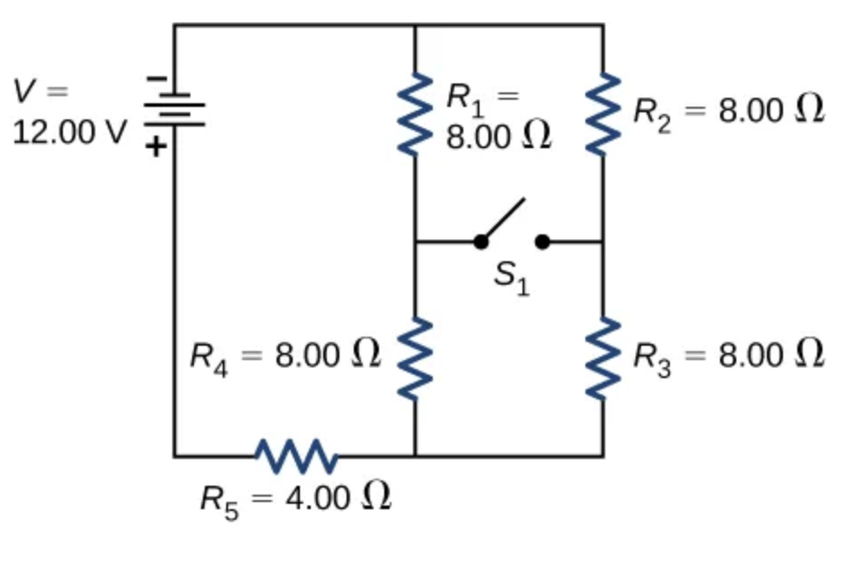 V=
12.00 V
R. = 8.00 Ω
R4
Rg = 4.00 Ω
Μ
Μ
R₁
8.00 Ω
=
S₁
R2 = 8.00 Ω
R3 = 8.00 Ω