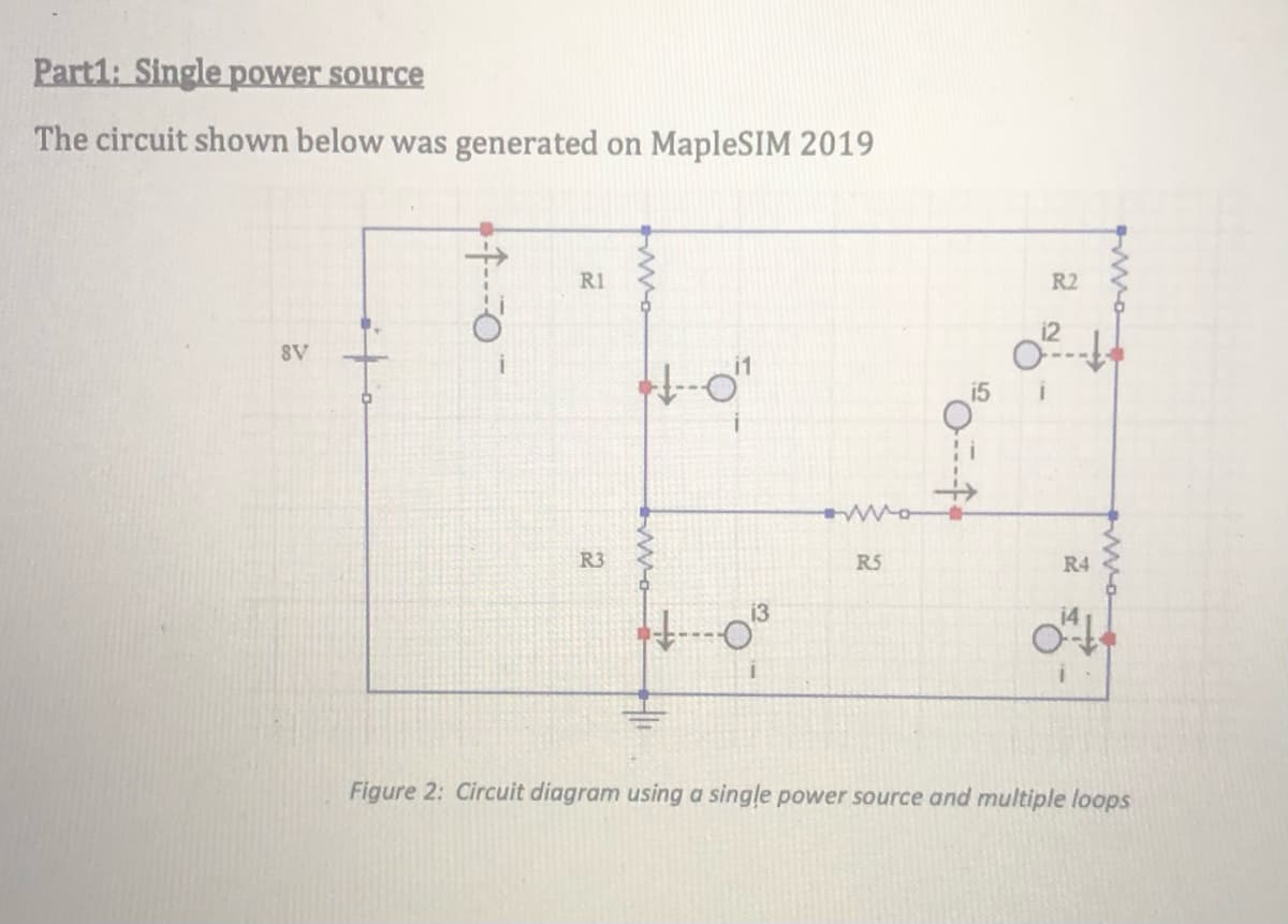 Part1: Single power source
The circuit shown below was generated on MapleSIM 2019
R1
R2
8V
i5
R3
R5
R4
Figure 2: Circuit diagram using a single power source and multiple loops
