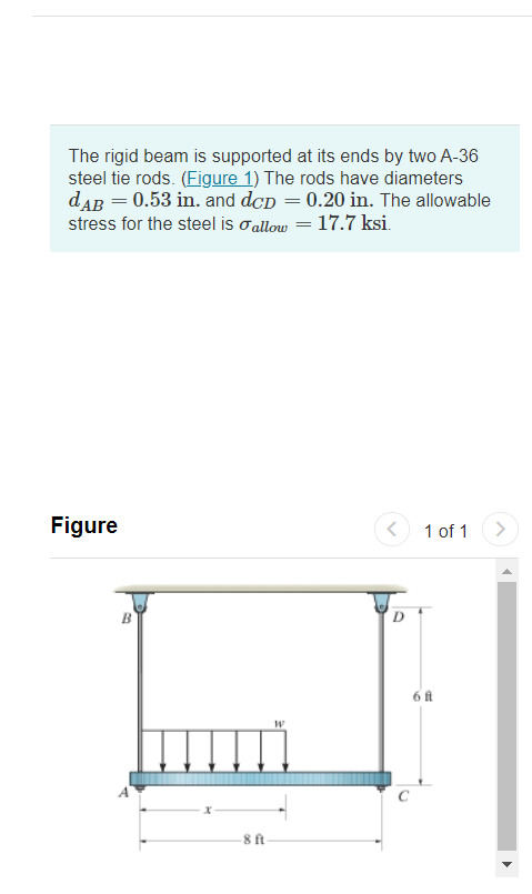 The rigid beam is supported at its ends by two A-36
steel tie rods. (Figure 1) The rods have diameters
dAB = 0.53 in. and dcp = 0.20 in. The allowable
stress for the steel is allow = 17.7 ksi.
Figure
1 of 1
-8 ft.
W
D
6 ft