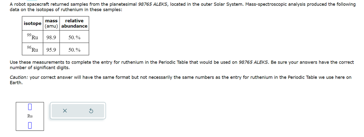 A robot spacecraft returned samples from the planetesimal 98765 ALEKS, located in the outer Solar System. Mass-spectroscopic analysis produced the following
data on the isotopes of ruthenium in these samples:
isotope
99
Ru
96,
mass relative
(amu) abundance
98.9
Ru 95.9
Ru
0
50.%
Use these measurements to complete the entry for ruthenium in the Periodic Table that would be used on 98765 ALEKS. Be sure your answers have the correct
number of significant digits.
50.%
Caution: your correct answer will have the same format but not necessarily the same numbers as the entry for ruthenium in the Periodic Table we use here on
Earth.
X