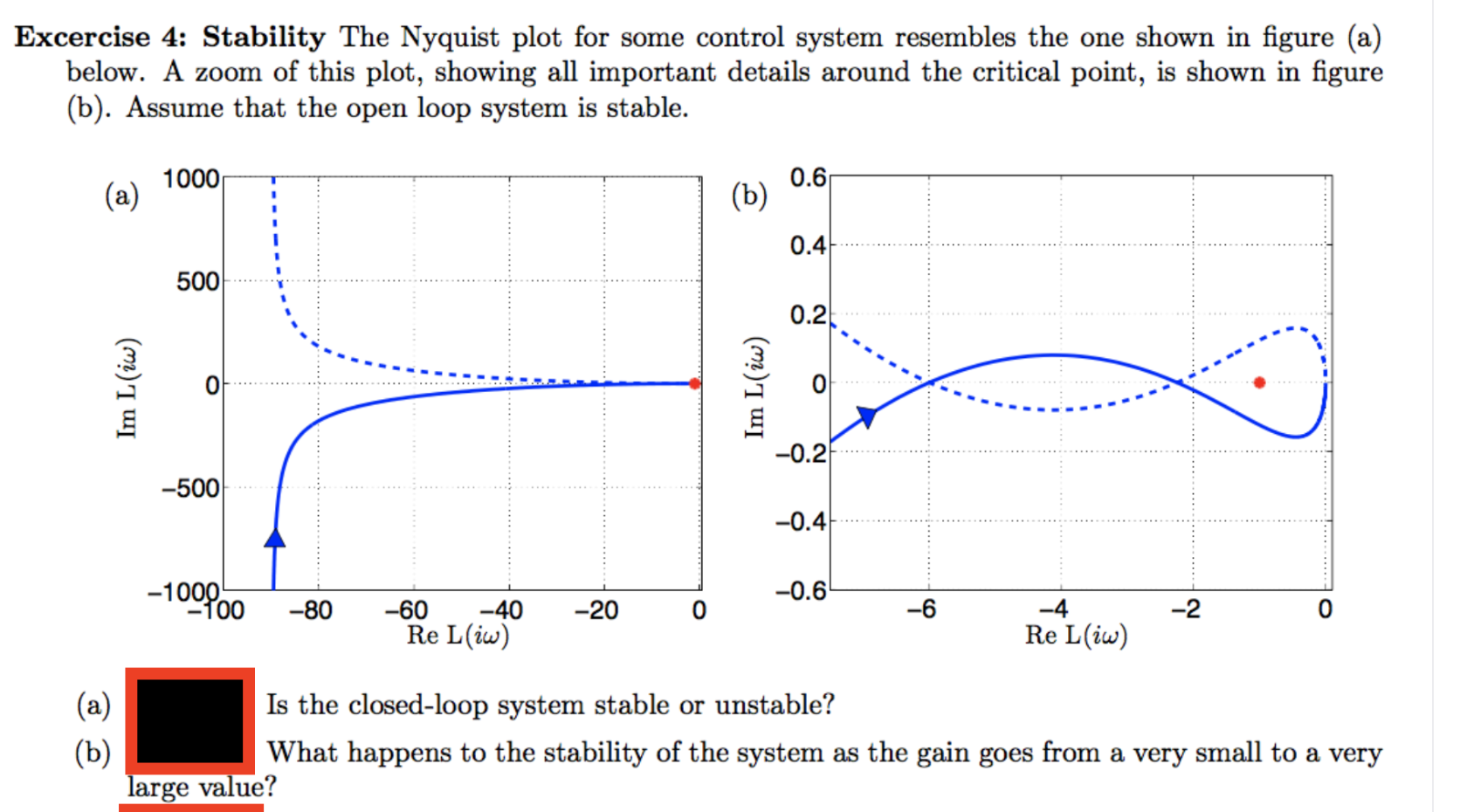 Excercise 4: Stability The Nyquist plot for some control system resembles the one shown in figure (a)
below. A zoom of this plot, showing all important details around the critical point, is shown in figure
(b). Assume that the open loop system is stable.
0.6
1000
(a)
(b)
0.4
500
0.2
-0.2
-500
-0.4
-0.6
-1000
-100
-6
-4
Re L(iw)
-2
-20
-80
-60
-40
Re L(iw)
(a)
Is the closed-loop system stable or unstable?
(b)
large value?
What happens to the stability of the system as the gain goes from a very small to a very
Im L(iw)
Im L(iw)
O
