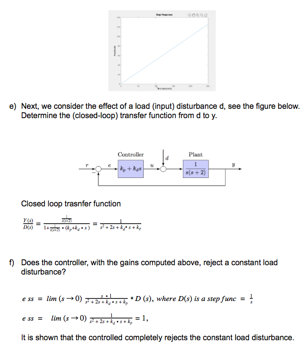 20
T
e) Next, we consider the effect of a load (input) disturbance d, see the figure below
Determine the (closed-loop) transfer function from d to y
Controller
Plant
1
kpkas
S(8+2)
Closed loop trasnfer function
Y(s)
1+
s+k
Ds)
s 2s
f)
Does the controller, with the gains computed above, reject a constant load
disturbance?
*D (s), where D(s) is a step func
e ss=lim (s ->0)
+2sks k
lim (s 0)
1,
s+k
e ss
s22s+
It is shown that the controlled completely rejects the constant load disturbance.
