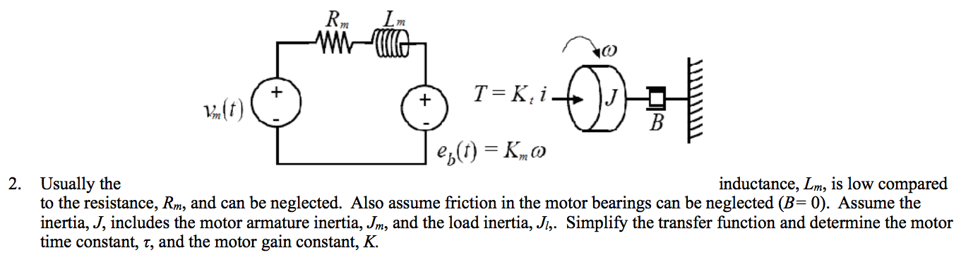 m
T K, i-
B
ep)K
inductance, Lm, is low compared
Usually the
to the resistance, Rm, and can be neglected. Also assume friction in the motor bearings can be neglected (B= 0). Assume the
inertia, J, includes the motor armature inertia, Jm, and the load inertia, Ji,. Simplify the transfer function and determine the motor
time constant, 7, and the motor gain constant, K.
2.
