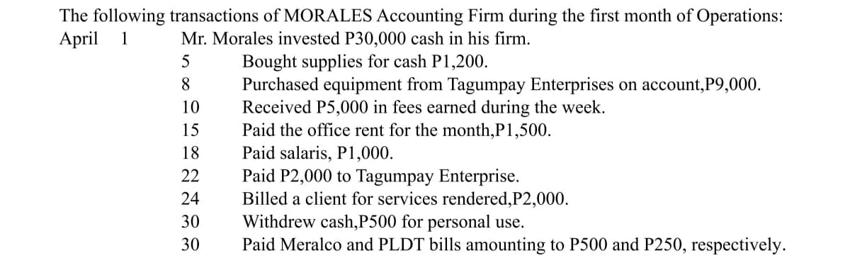 The following transactions of MORALES Accounting Firm during the first month of Operations:
April
1
Mr. Morales invested P30,000 cash in his firm.
Bought supplies for cash P1,200.
Purchased equipment from Tagumpay Enterprises on account,P9,000.
Received P5,000 in fees earned during the week.
Paid the office rent for the month,P1,500.
Paid salaris, P1,000.
Paid P2,000 to Tagumpay Enterprise.
Billed a client for services rendered,P2,000.
Withdrew cash,P500 for personal use.
Paid Meralco and PLDT bills amounting to P500 and P250, respectively.
5
8.
10
15
18
22
24
30
30

