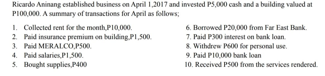 Ricardo Aninang established business on April 1,2017 and invested P5,000 cash and a building valued at
P100,000. A summary of transactions for April as follows;
1. Collected rent for the month,P10,000.
2. Paid insurance premium on building,P1,500.
3. Paid MERALCO,P500.
4. Paid salaries,P1,500.
5. Bought supplies,P400
6. Borrowed P20,000 from Far East Bank.
7. Paid P300 interest on bank loan.
8. Withdrew P600 for personal use.
9. Paid P10,000 bank loan
10. Received P500 from the services rendered.
