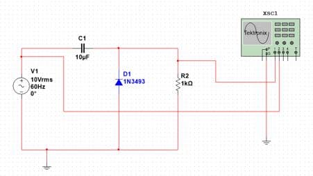 V1
10Vrms
60Hz
0⁰
C1
HH
10μF
D1
1N3493
R2
-1k0
xsc1
Tektronix