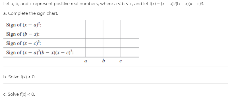 Let a, b, and c represent positive real numbers, where a <b < c, and let f(x) = (x – a)2(b – x)(x – c)3.
a. Complete the sign chart.
Sign of (x – a)²:
Sign of (b – x):
Sign of (x – c)³:
Sign of (x – a)²(b – x)(x – c)³:
b. Solve f(x) > 0.
c. Solve f(x) < 0.
