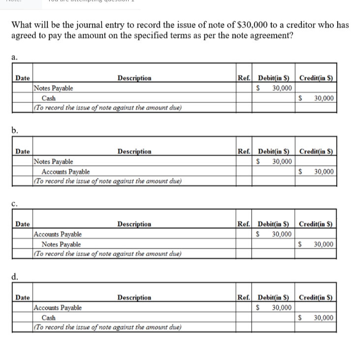 What will be the journal entry to record the issue of note of $30,000 to a creditor who has
agreed to pay the amount on the specified terms as per the note agreement?
а.
Ref. Debit(in S) Credit(in S)
30,000
Date
Description
|Notes Payable
Cash
|To record the issue of note against the amount due)
$ 30,000
b.
Date
Description
Ref. Debit(in $) | Credit(in S)
|Notes Payable
Accounts Payable
|To record the issue of note against the amount due)
30,000
$ 30,000
с.
|Ref. Debit(in S) Credit(in S)_
30,000
Date
Description
|Accounts Payable
Notes Payable
|To record the issue of note against the amount due)
30,000
d.
|Ref. Debit(in $) Credit(in $)
30,000
Description
Date
Accounts Payable
Cash
|(To record the issue of note against the amount due)
30,000
