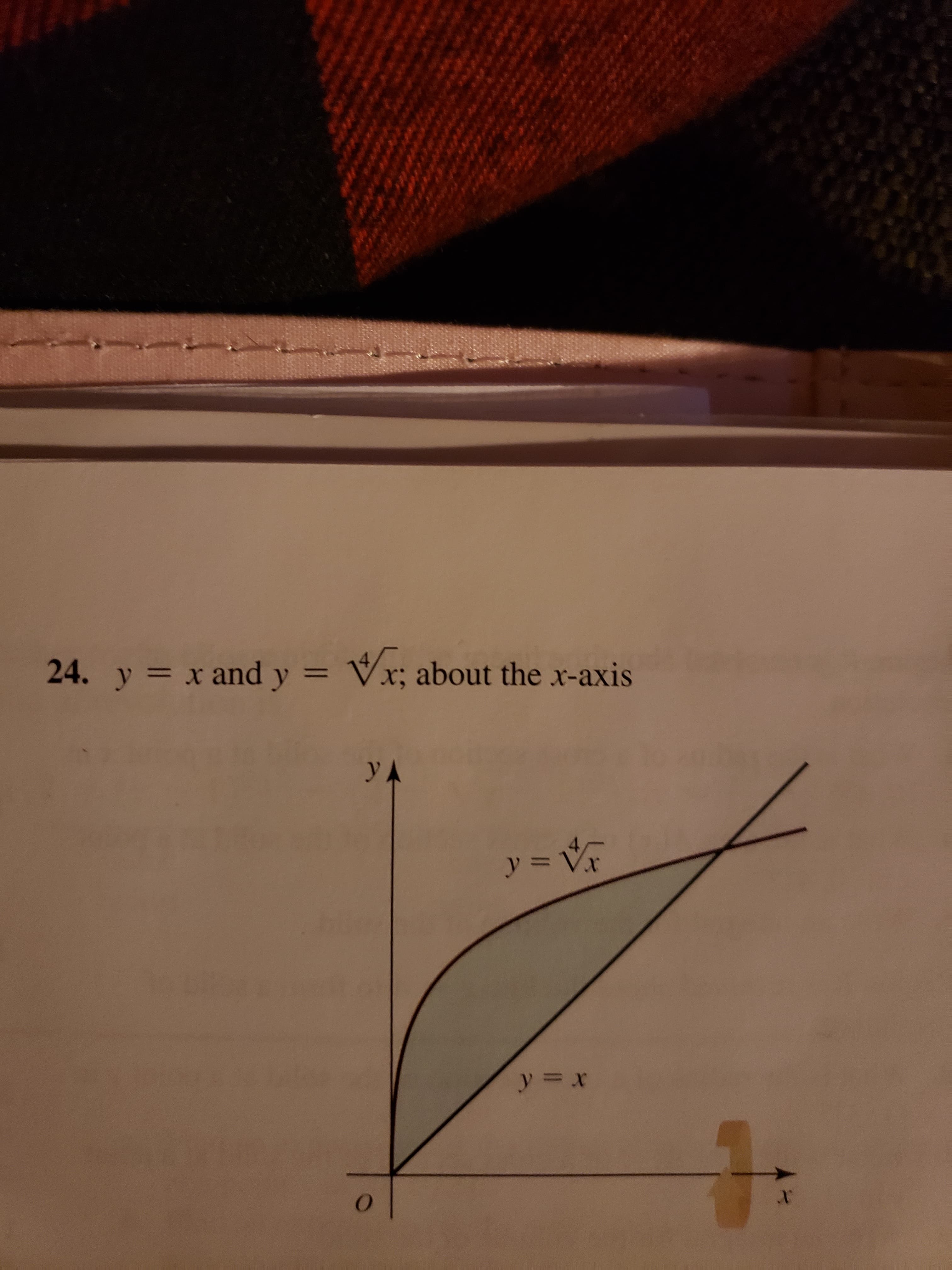 24. y = x and y = Vx; about the x-axis
%3D
%3D
УА
y = V
%3D
