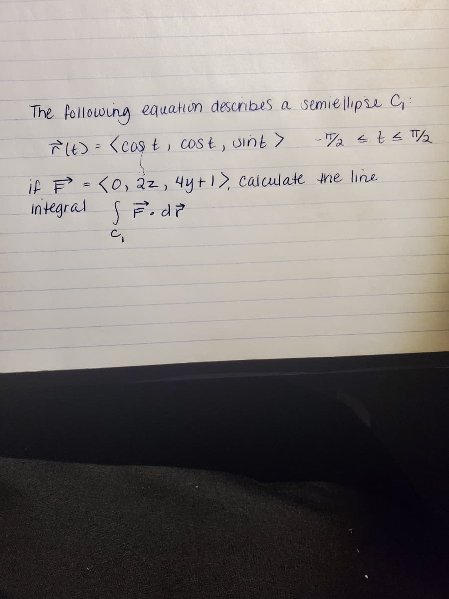 The following equation describes a semiellipse C
7t)= <cos t , cost, uint >
- 2st TT2
if F =(0, 22, 4yt1> caiculate the line
integral SF. d?
