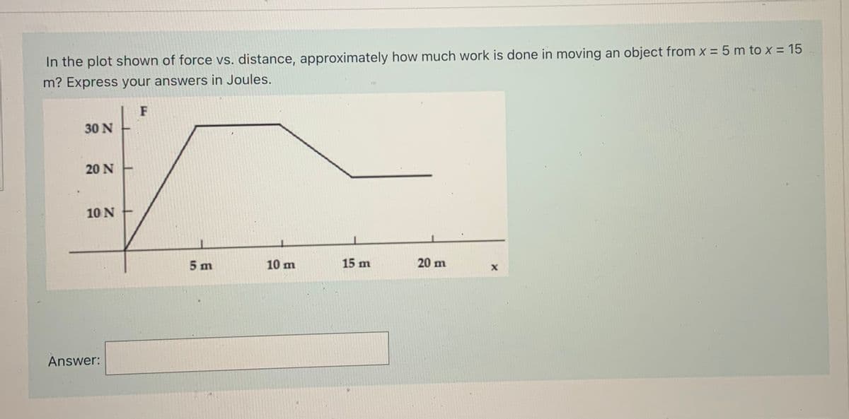 In the plot shown of force vs. distance, approximately how much work is done in moving an object from x = 5 m to x = 15
m? Express your answers in Joules.
30 N
20 N
10 N
5 m
10 m
15 m
20 m
Answer:
